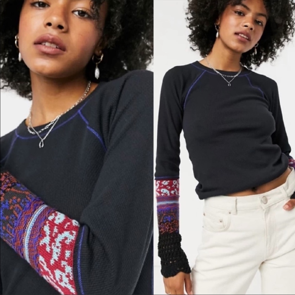 NWT Free People In The Mix Cuff Top in Black Combo